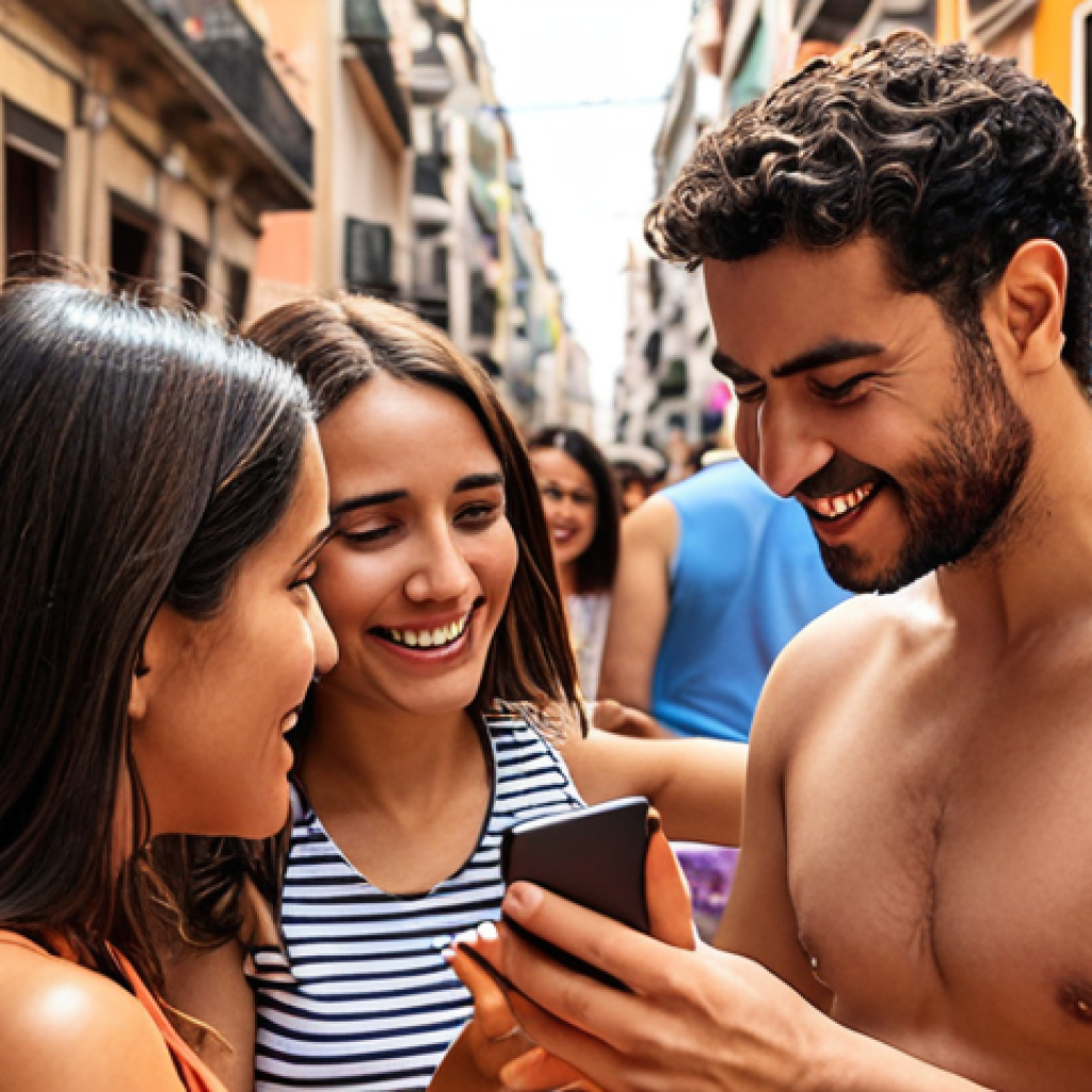 **Prompt:** A diverse group of people happily interacting with a user-friendly mobile app on their smartphones. The app interface features personalized recommendations (in Spanish), dynamic content, and a chatbot assistant. The scene emphasizes ease of use, relevance, and a feeling of connection with the brand. Background: A vibrant, bustling cityscape like Madrid or Buenos Aires. Focus on warm, inviting colors and expressions.