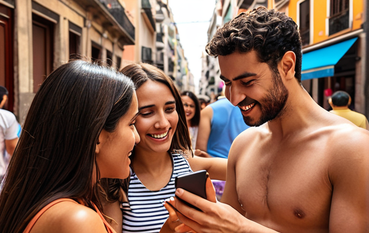 **Prompt:** A diverse group of people happily interacting with a user-friendly mobile app on their smartphones. The app interface features personalized recommendations (in Spanish), dynamic content, and a chatbot assistant. The scene emphasizes ease of use, relevance, and a feeling of connection with the brand. Background: A vibrant, bustling cityscape like Madrid or Buenos Aires. Focus on warm, inviting colors and expressions.