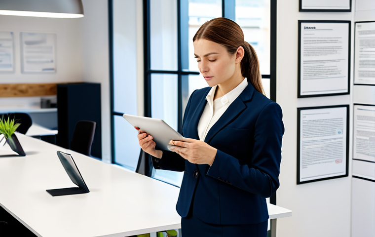 Informed Consumer in a Modern Setting**
A woman, fully clothed in professional attire, is carefully reading a contract on a tablet in a bright, modern co-working space. She's surrounded by informational pamphlets about consumer rights. The scene conveys empowerment and knowledge. Emphasis on clear visuals, perfect anatomy, well-formed hands, natural pose, appropriate content, safe for work, professional, high quality.
**