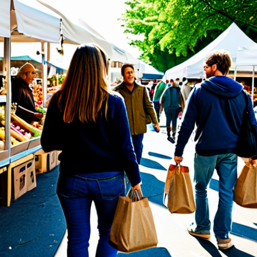 Home 27 Eco-Conscious Shopping**
"A modern, diverse group of people browsing a farmers market, selecting organic produce and reusable grocery bags, fully clothed in casual, appropriate attire. The scene is bright and sunny, showcasing sustainable living. Safe for work, appropriate content, perfect anatomy, natural proportions, family-friendly, professional photograph."
**