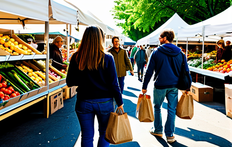 Eco-Conscious Shopping**

"A modern, diverse group of people browsing a farmers market, selecting organic produce and reusable grocery bags, fully clothed in casual, appropriate attire. The scene is bright and sunny, showcasing sustainable living. Safe for work, appropriate content, perfect anatomy, natural proportions, family-friendly, professional photograph."

**