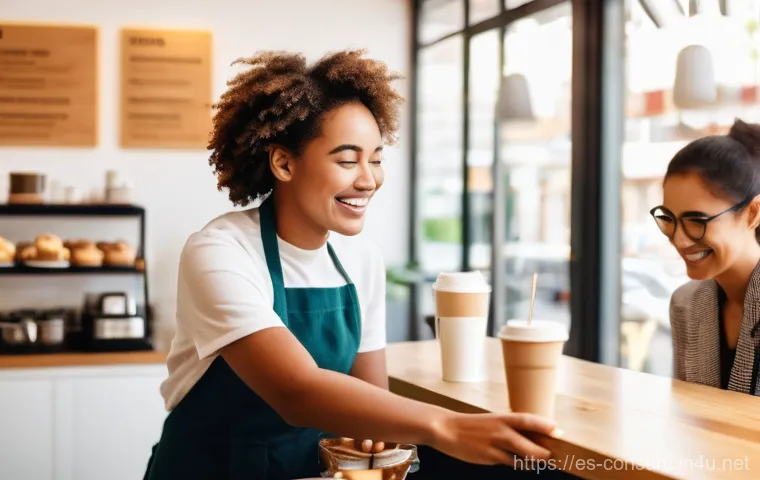 소비자중심 경영 사례와 디지털 혁신 전략 연구와 분석 - **Personalized Coffee Moment:**
    A vibrant, sunlit modern cafe. A diverse group of smiling custom...
