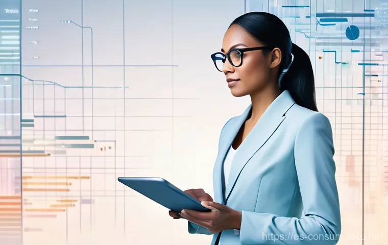 소비자 행동 데이터를 활용한 비즈니스 혁신 사례 연구와 분석 - **Prompt:** A dynamic, high-tech illustration of a data analyst, focused and engaged, standing amids...