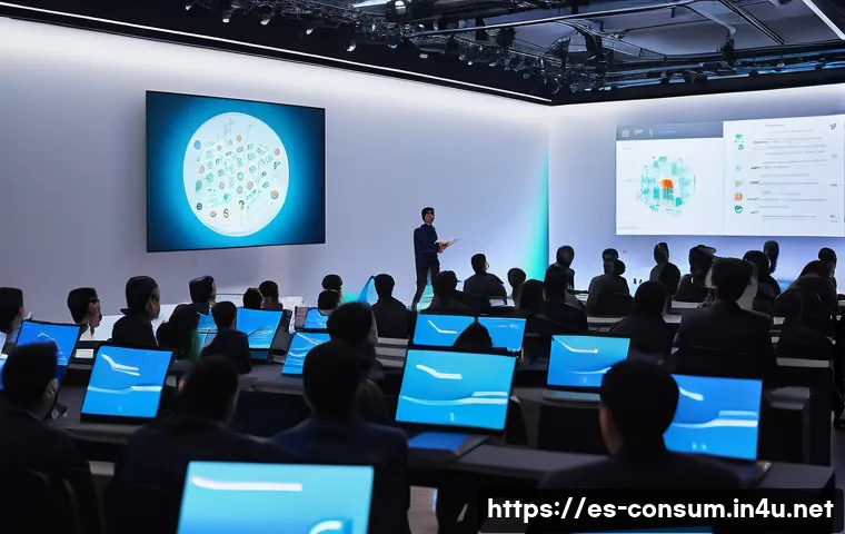 소비자전문기술사 관련 학회 활동 - **Prompt 1: Cutting-Edge Tech Seminar**
"A diverse group of technology enthusiasts and academics...
