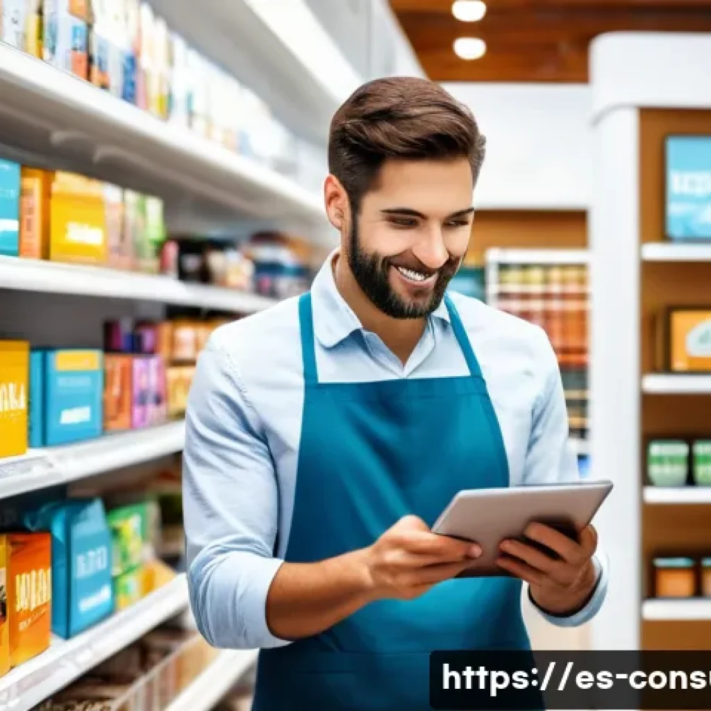 소비자중심 경영으로 성공한 기업 사례 - A modern Spanish retail store customer service scene showing a friendly employee using a tablet to a...