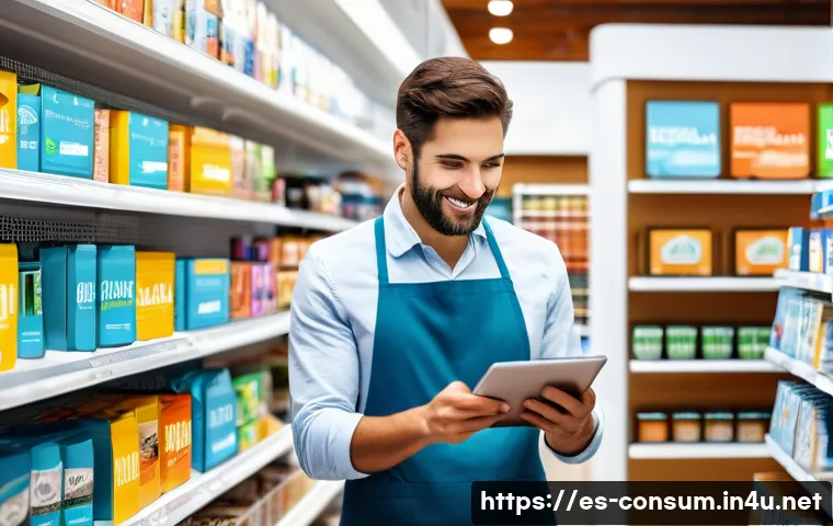 소비자중심 경영으로 성공한 기업 사례 - A modern Spanish retail store customer service scene showing a friendly employee using a tablet to a...