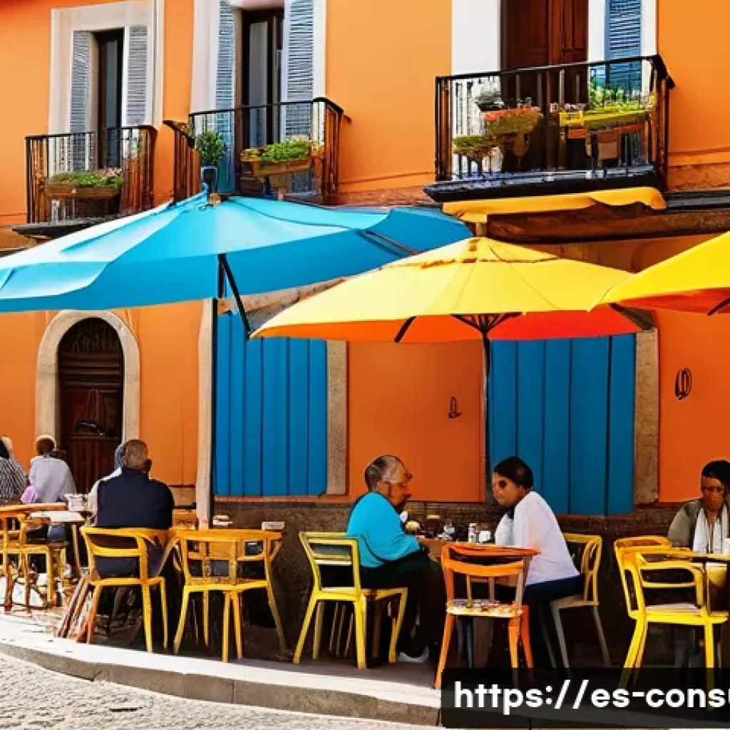 소비자 심리학 이론과 실무 활용 - A vibrant Spanish caf&eacute; scene in a lively urban setting, showing a diverse group of happy customers e...