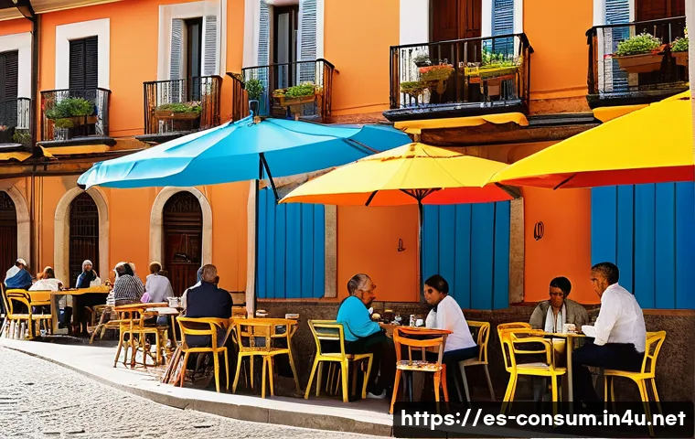 소비자 심리학 이론과 실무 활용 - A vibrant Spanish café scene in a lively urban setting, showing a diverse group of happy customers e...