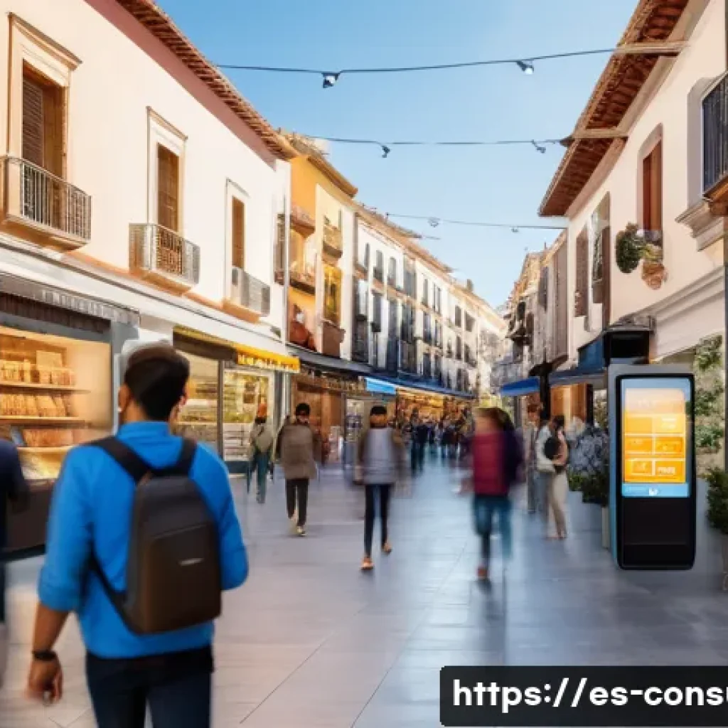 소비자 보호법과 관련된 최신 연구 보고서 - A modern digital marketplace scene set in a bustling Spanish urban environment, showing diverse cons...