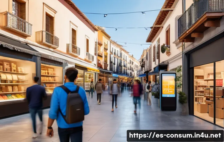 소비자 보호법과 관련된 최신 연구 보고서 - A modern digital marketplace scene set in a bustling Spanish urban environment, showing diverse cons...