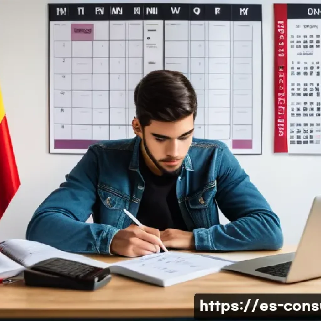 소비자전문기술사 시험 준비 방법 - A focused young adult Spanish student studying at a tidy desk with a realistic, detailed calendar pl...