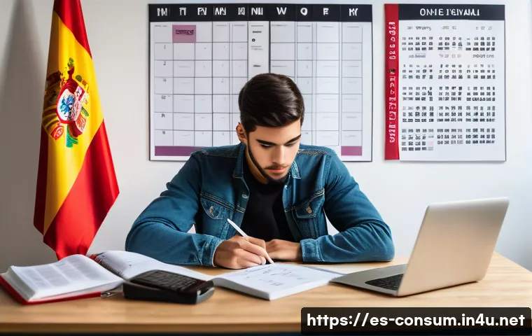 소비자전문기술사 시험 준비 방법 - A focused young adult Spanish student studying at a tidy desk with a realistic, detailed calendar pl...