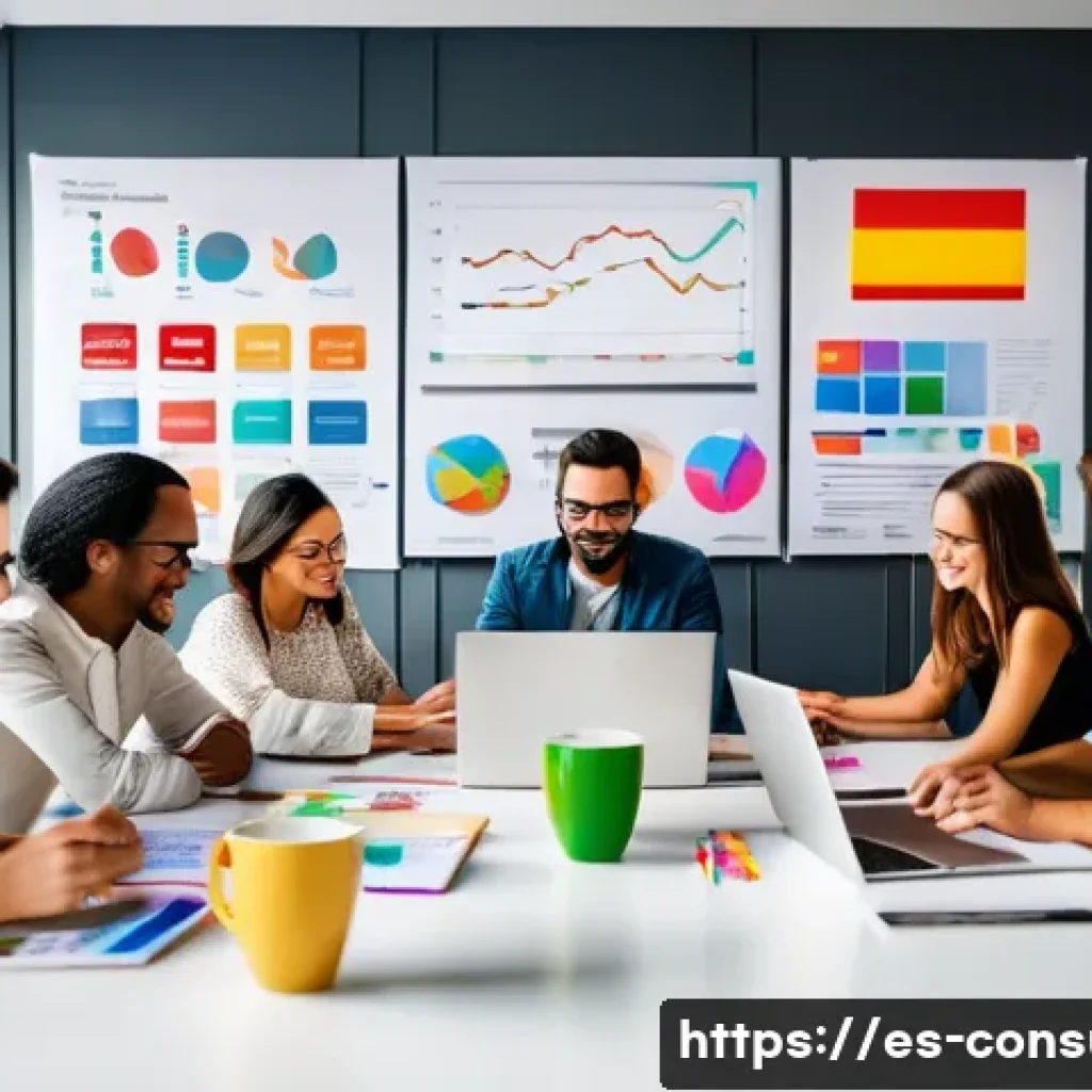 소비자 심리학 활용한 마케팅 전략 - A vibrant digital marketing workspace scene showing a diverse team of young Spanish professionals br...