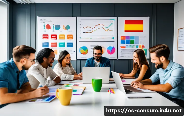 소비자 심리학 활용한 마케팅 전략 - A vibrant digital marketing workspace scene showing a diverse team of young Spanish professionals br...