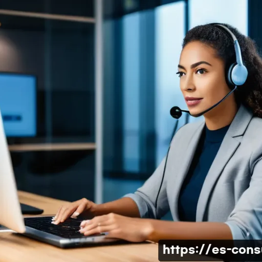 소비자 불만 처리 매뉴얼 작성법 - A professional customer service representative in a modern office setting, attentively listening and...