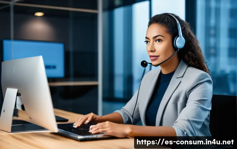 소비자 불만 처리 매뉴얼 작성법 - A professional customer service representative in a modern office setting, attentively listening and...