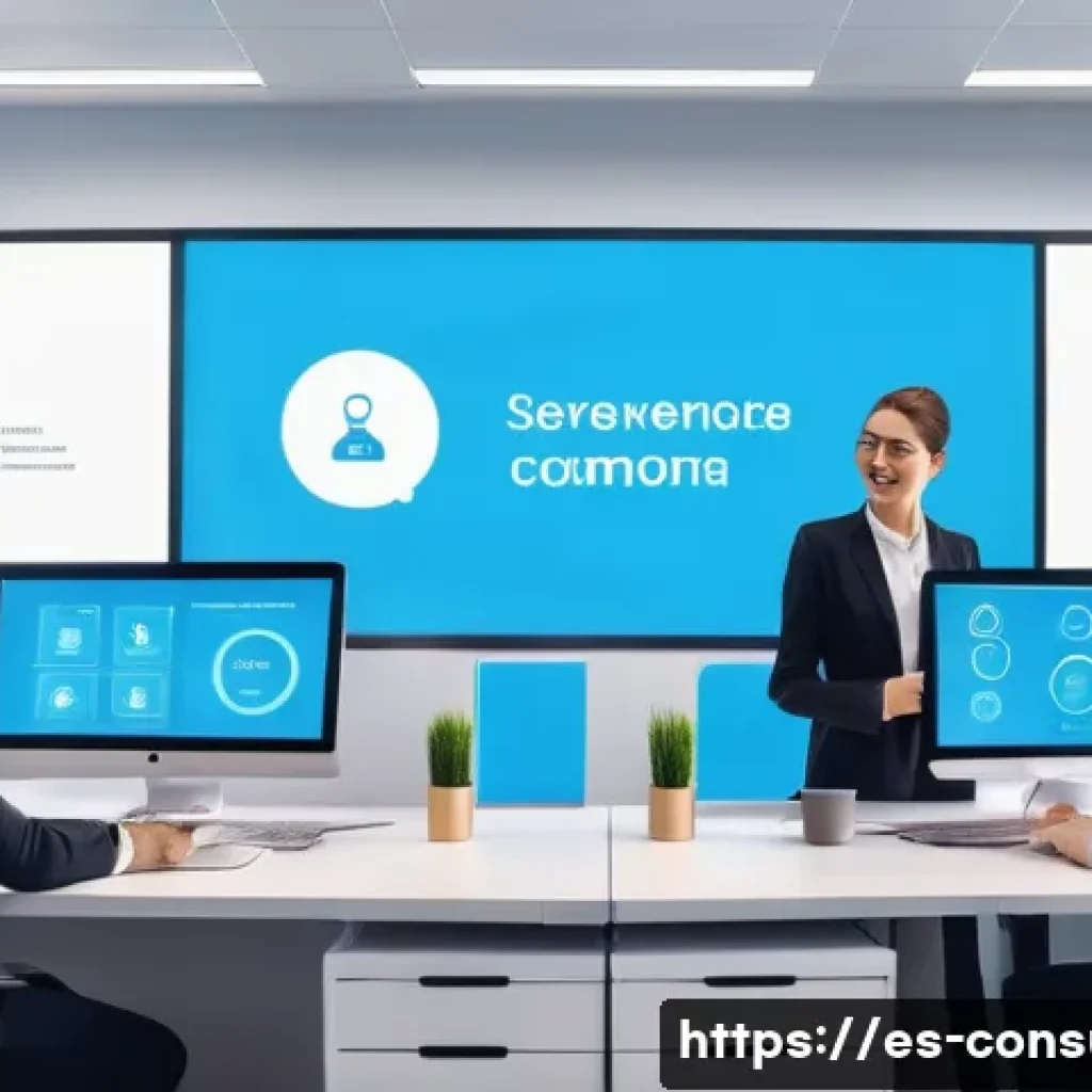소비자중심 경영의 성공적인 도입 사례 - A modern digital customer service center showcasing an AI-powered chatbot interface on multiple scre...