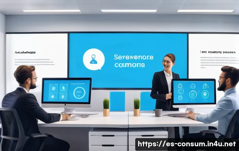 소비자중심 경영의 성공적인 도입 사례 - A modern digital customer service center showcasing an AI-powered chatbot interface on multiple scre...