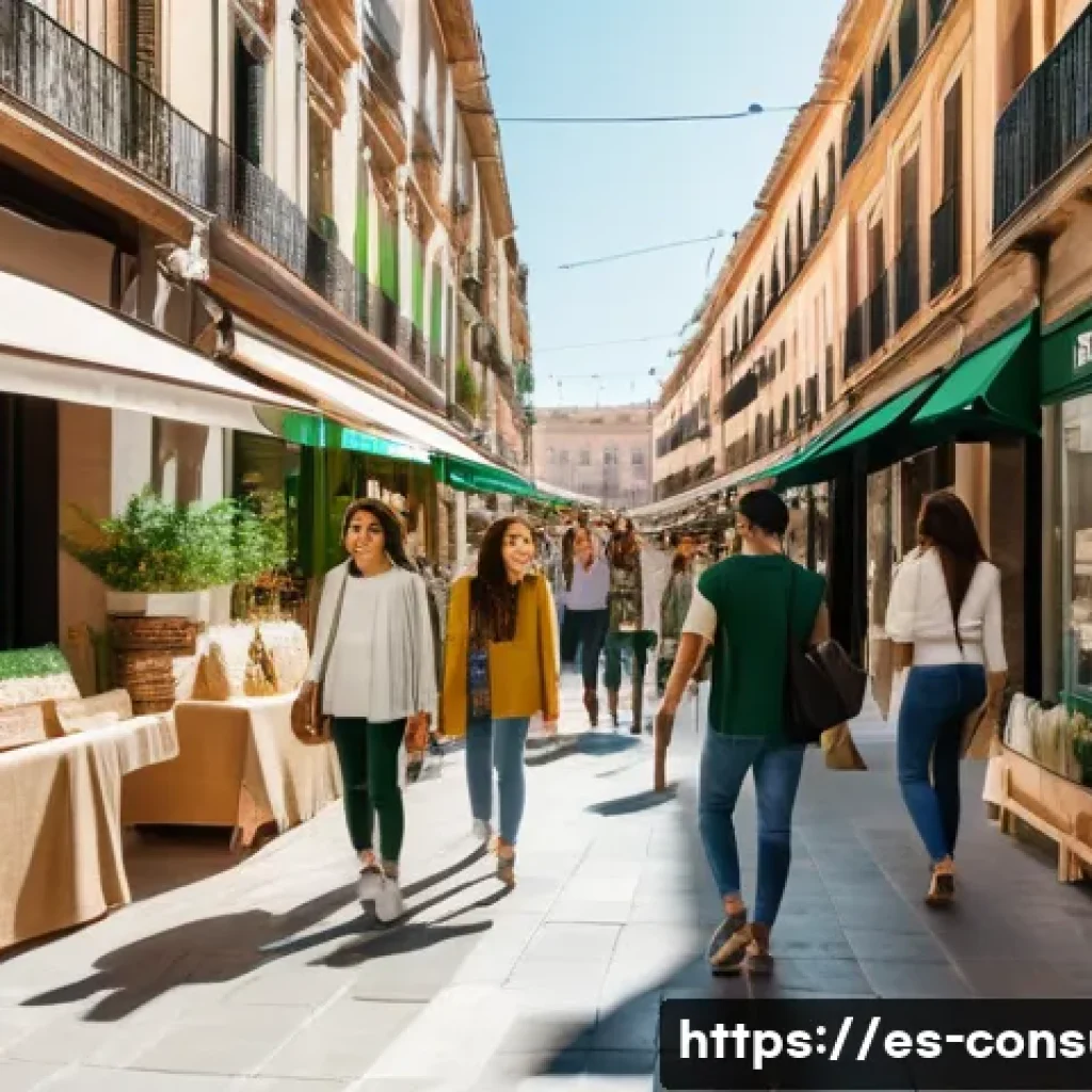 소비자 행동 데이터를 활용한 지속 가능성 혁신 전략 연구와 분석 - A modern urban marketplace scene in Spain featuring diverse consumers aged 25-35 shopping for eco-fr...
