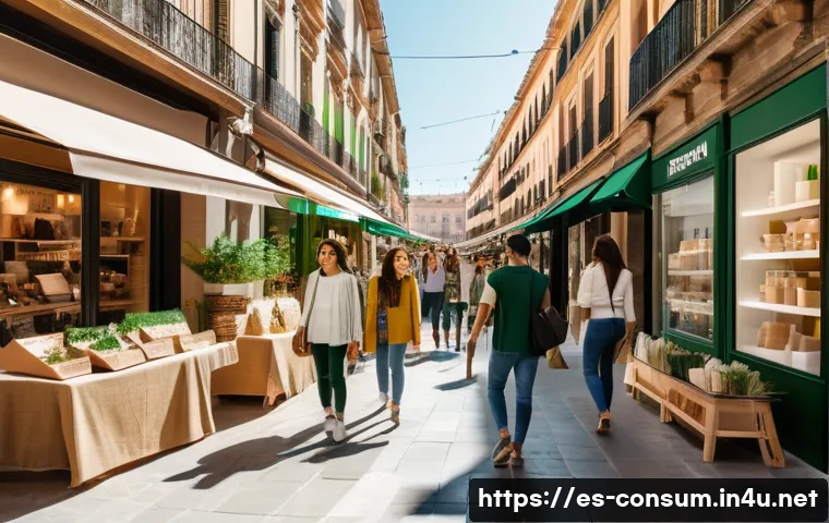 소비자 행동 데이터를 활용한 지속 가능성 혁신 전략 연구와 분석 - A modern urban marketplace scene in Spain featuring diverse consumers aged 25-35 shopping for eco-fr...