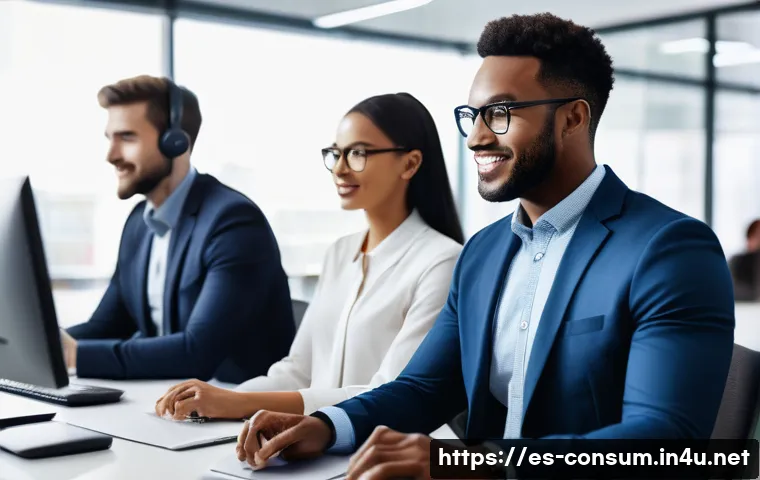 소비자중심 경영 도입 사례와 성과 - A diverse team of customer service representatives in a modern office environment, actively listenin...