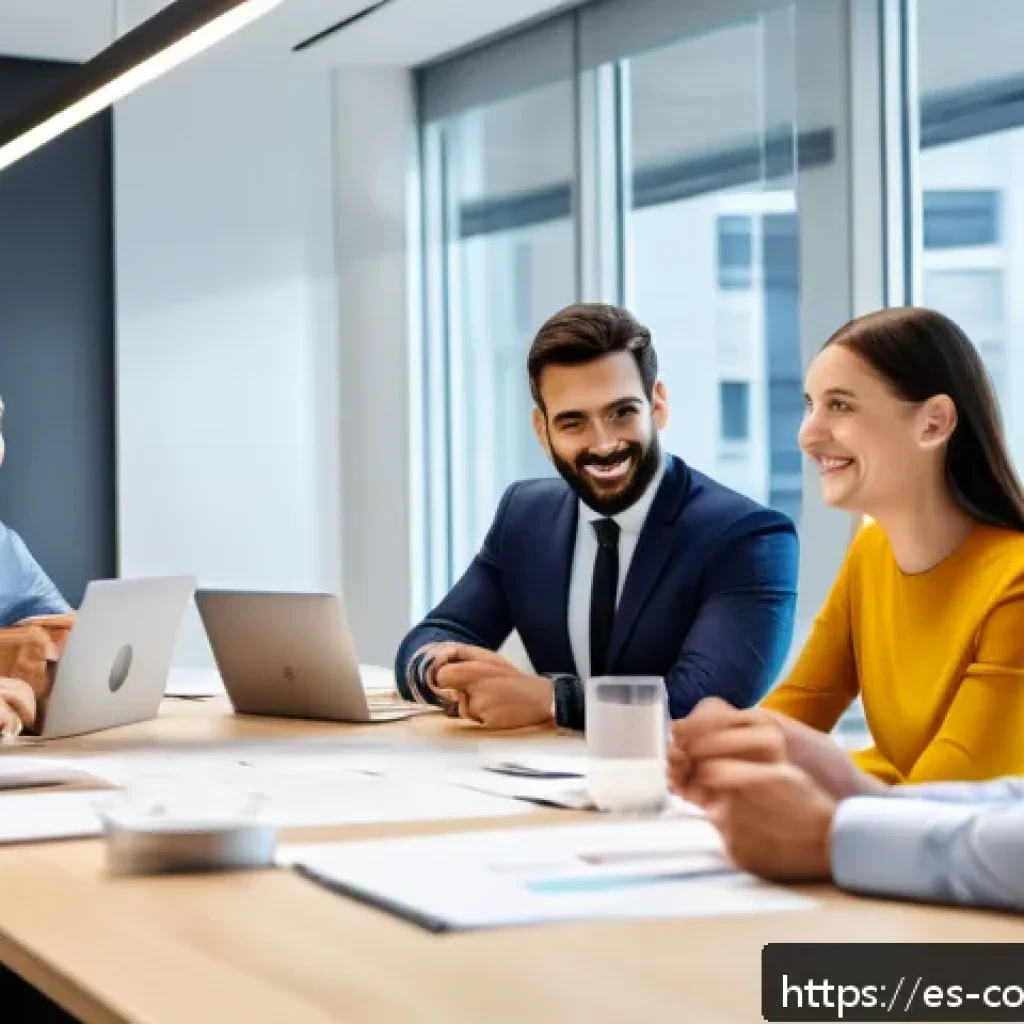소비자중심 경영으로 변화한 조직 사례 - A diverse team of corporate professionals in a modern Spanish office environment, collaboratively di...