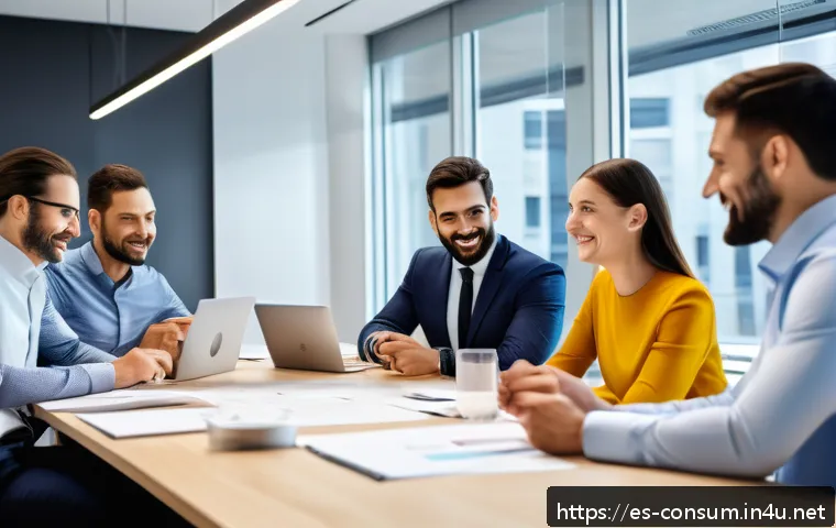 소비자중심 경영으로 변화한 조직 사례 - A diverse team of corporate professionals in a modern Spanish office environment, collaboratively di...