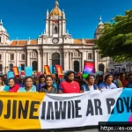 Home 20 소비자중심 정책 수립 사례 연구 - A vibrant Latin American consumer rights rally in a bustling city square, featuring diverse adults h...