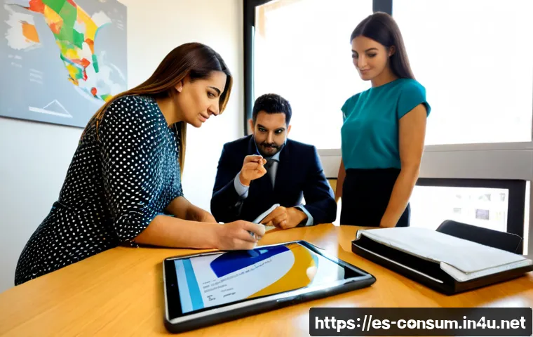 소비자 보호 관련 최신 연구와 글로벌 트렌드 연구와 분석 - Photorealistic consumer protection research scene in Spain: a diverse team of analysts reviewing unl...