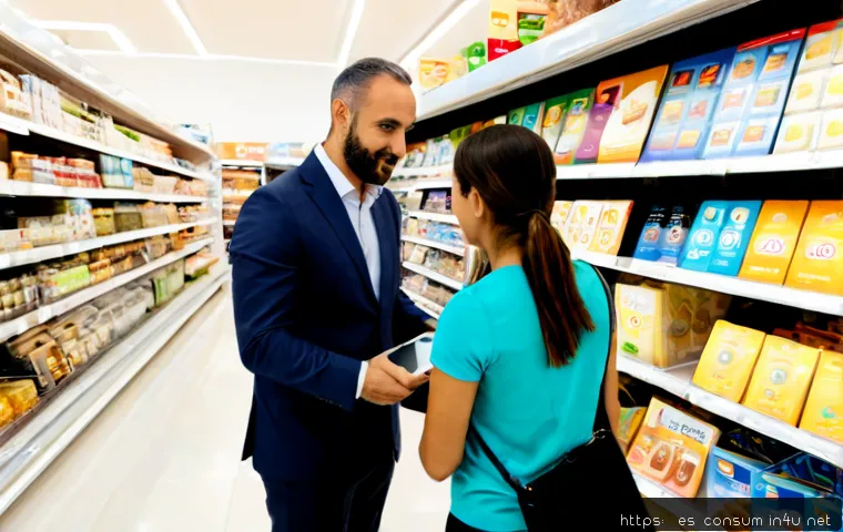 소비자 행동 데이터를 활용한 혁신과 성공 사례 - Photorealistic modern Spanish retail innovation scene, a diverse family choosing fresh products in a...